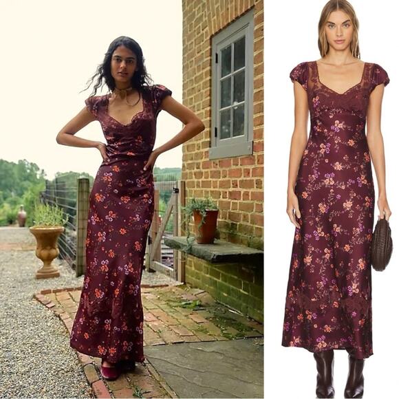 Free People Dainty Lace Retro 90s Butterfly Babe Maxi Dress Brown Combo Medium - Picture 2 of 16